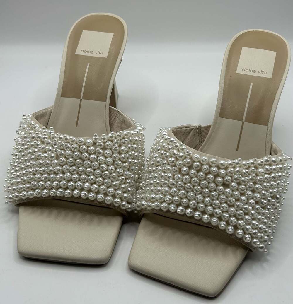 Dolce Vita Pearl Embellished Mule Heels Cream Square Sandals Size 7.5